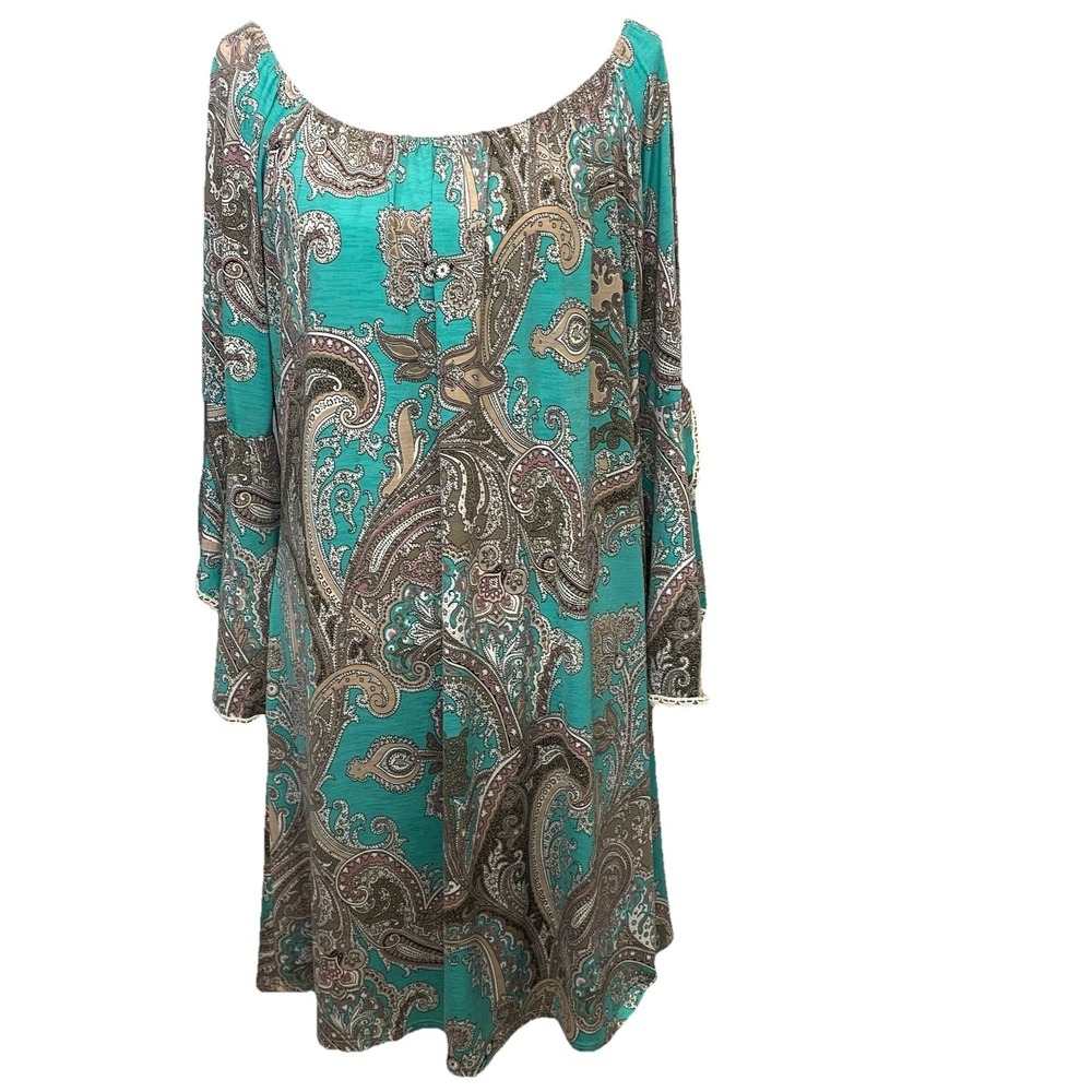 Paisley Grace Floral Knit Flare Sleeve Dress XXL Scoop Neck Stretch Knee Length